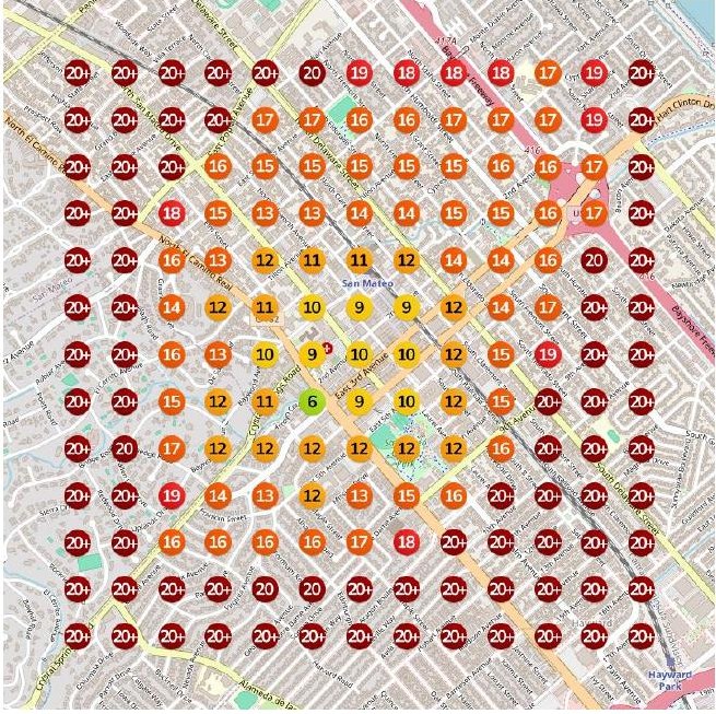 Google Maps ranking grid around San Mateo for the search "haircut salon for men"