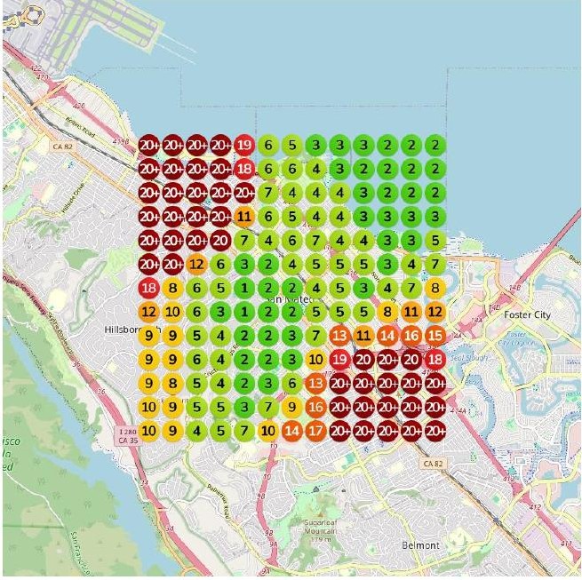 Google Maps ranking grid around San Mateo for the search "hair salon near me"