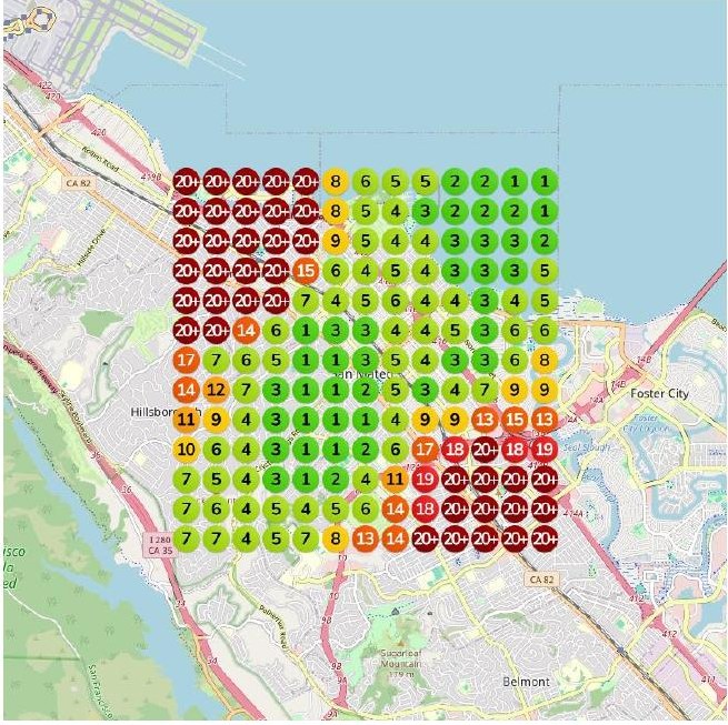 Google Maps ranking grid around San Mateo for the search "hair salon"
