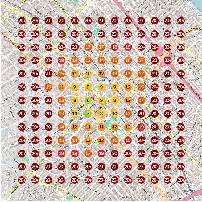Google Maps ranking grid around San Mateo for the search "haircut for men"