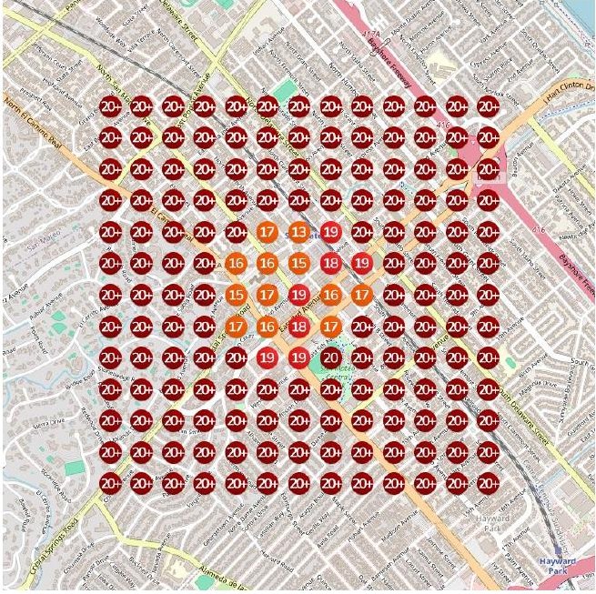 Google Maps ranking grid around San Mateo for the search "mens haircut san mateo"