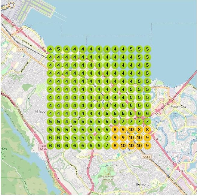 Google Maps ranking grid around San Mateo for the search "hair extensions san mateo"