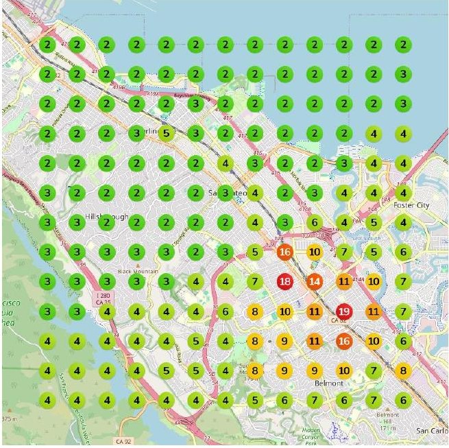 Google Maps ranking grid around San Mateo for the search "san mateo hair salon"