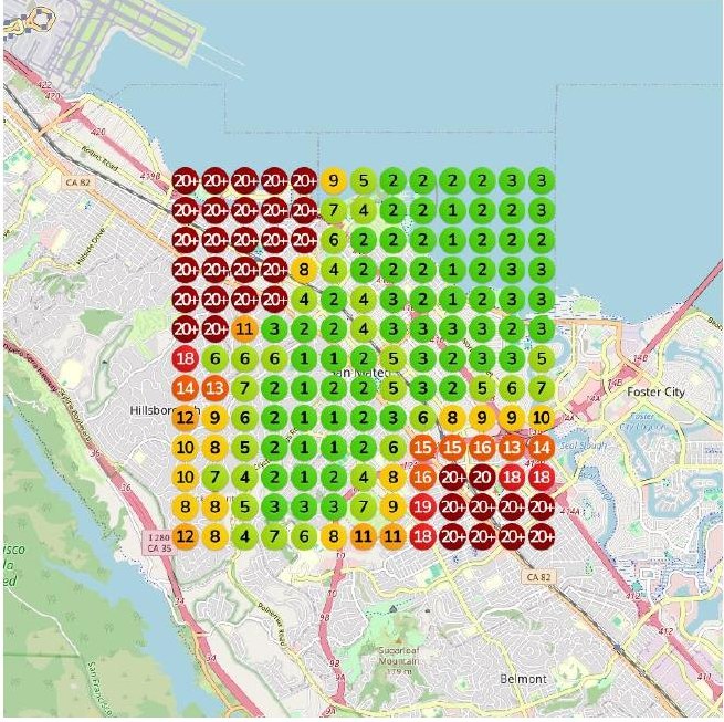 Google Maps ranking grid around San Mateo for the search "hair stylist"
