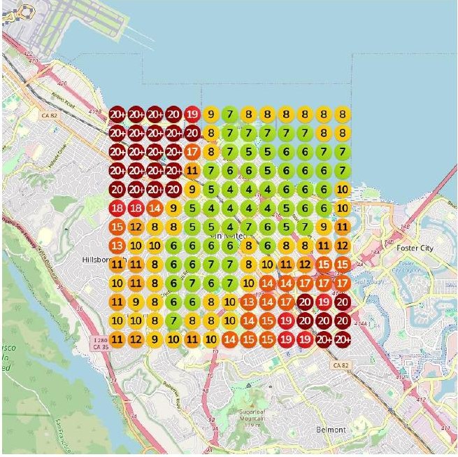Google Maps ranking grid around San Mateo for the search "hair extensions"