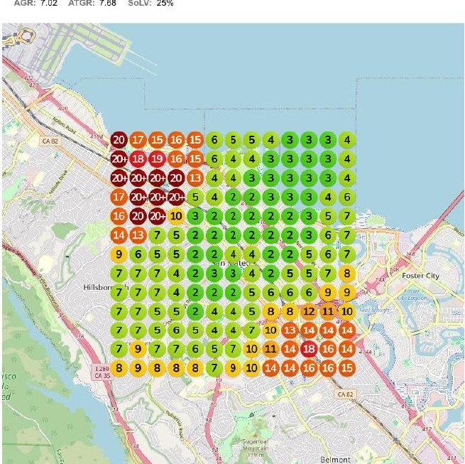Google Maps ranking grid around San Mateo for the search "hair extensions salon"